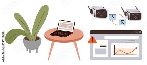 Laptop on a minimalist desk beside a potted plant, robotic conversation with translation process, and analytics screen with alert. Ideal for AI, productivity, language, data, innovation, workflow