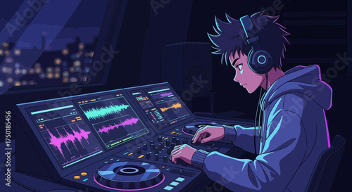 Anime DJ mixing electronic music at night in the studio with city lights in the background