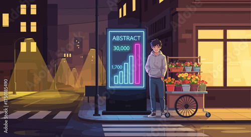 Anime styled illustration depicting a night cityscape with flower vendor near the shop