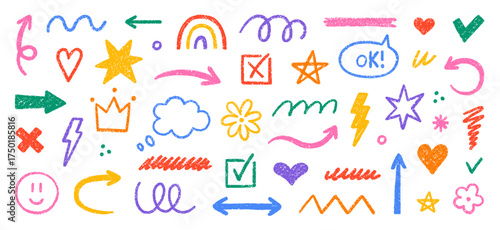 Crayon kids scribble shapes, brush lines doodle set. Pencil underlines, check marks, arrows, stars and hearts in sketch style. Hand drawn vector illustration isolated on white background