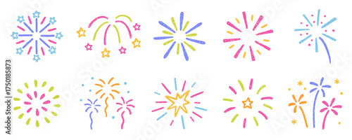 Chalk pencil fireworks, sparkling stars doodle set. Kids crayon color firecracker, confetti, sunburst, explosion in sketch style. Grunge texture. Hand drawn illustration isolated on white background