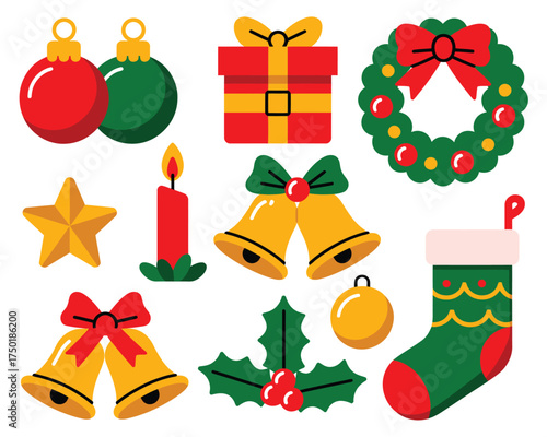 Collection of festive christmas decorations including ornaments wreath and gifts