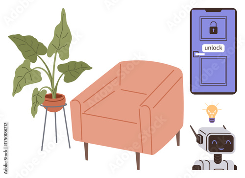 Potted plant beside a pink armchair, locked blue door labeled unlock, and a smiling robot with a lightbulb. Ideal for technology, home automation, comfort, security, creativity, minimalism