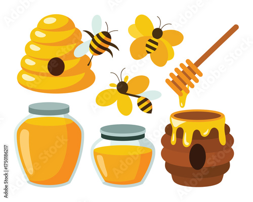 Cute honey bees and sweet honey products collection