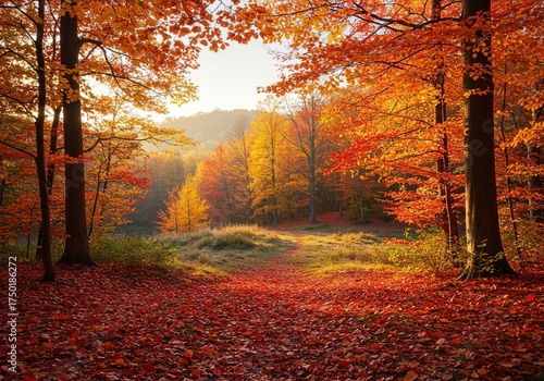 A breathtaking autumn forest scene with vibrant red, orange, and golden leaves blanketing the ground and trees under warm sunlight ,sunlight ,ground ,peaceful