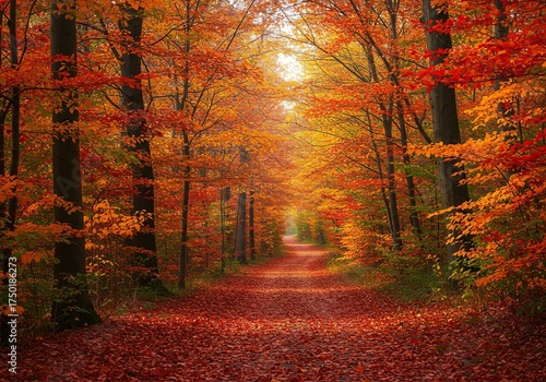 A picturesque autumn scene features vibrant red, orange, and golden leaves blanketing a winding forest path. Sunlight filters through the canopy ,season ,seasonal ,tree
