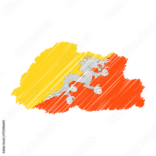 Bhutan maps color hand drawn sketch. Vector concept illustration flag, scribble map. Country map for infographic, brochures and presentations isolated on white background. Vector illustration