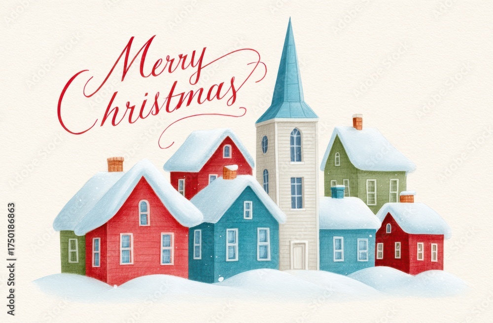 Fototapeta premium Whimsical vintage christmas card with snowy village of colorful houses and tall blue steeple church, red “merry christmas” script above, soft winter tones on cream paper background