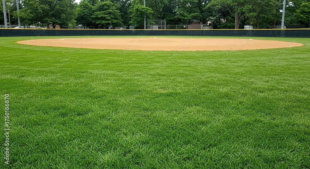 Fototapeta premium Vibrant green, freshly cut baseball field grass, meticulously maintained and perfect for summer sports and outdoor recreation. Ideal for backgrounds ,game ,trimmed ,fresh