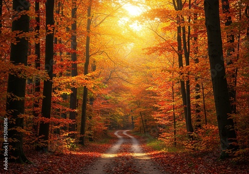 A breathtaking autumn forest scene bathed in golden sunlight, showcasing a rich tapestry of red, orange, and yellow leaves ,sunlit ,foliage ,scenic