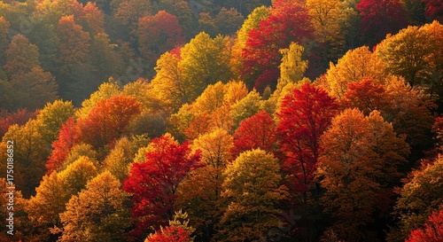 Wallpaper Mural A breathtaking autumn forest scene with trees displaying vibrant red, orange, and golden foliage, creating a serene and colorful natural landscape ,vibrant ,colorful ,golden Torontodigital.ca