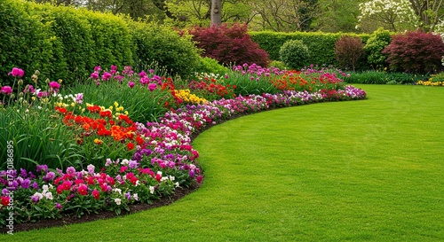 Vibrant flowerbed brimming with colorful blooms gracefully borders a perfectly manicured, lush green lawn on a sunny day. Idyllic garden landscape ,urban garden ,plant ,springtime