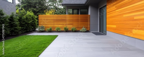 Modern Home Exterior Wood Cladding, Privacy Screen and Grey Stone Patio with Green Lawn, Landscape , Architecture