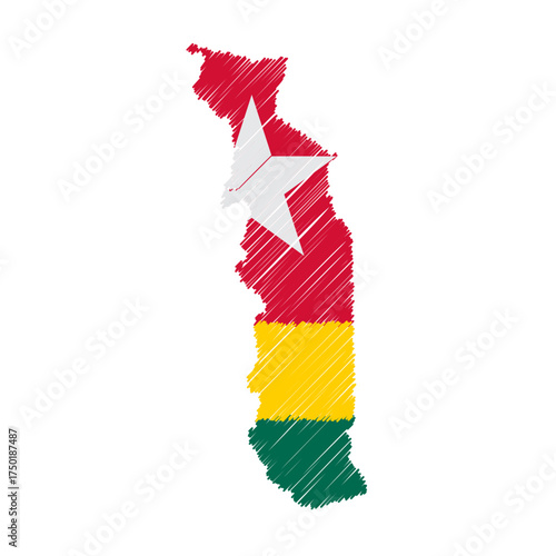 Togo maps color hand drawn sketch. Vector concept illustration flag, scribble map. Country map for infographic, brochures and presentations isolated on white background. Vector illustration