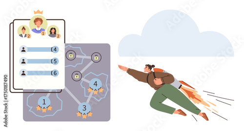 Leaderboard with avatars, ranking stars, and goal map alongside a jetpack-fueled figure flying upward. Ideal for motivation, achievement, success, advancement, gamification, leadership competition