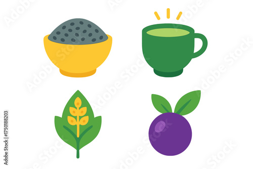 Superfoods flat icon set. featuring chia, matcha tea, quinoa, and acai berry symbols
