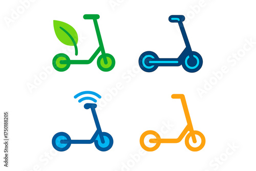 Eco transport neon silhouette icon set: electric scooter, foldable, smart connectivity, leaf symbol