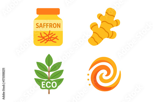 Spice and herb neon gradient icon set. featuring saffron, ginger, herbal leaf, spice swirl symbols