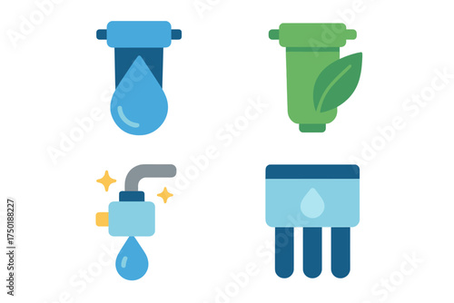 Water filtration flat icon set. featuring drop, filter, eco-leaf, faucet, and purifier symbols