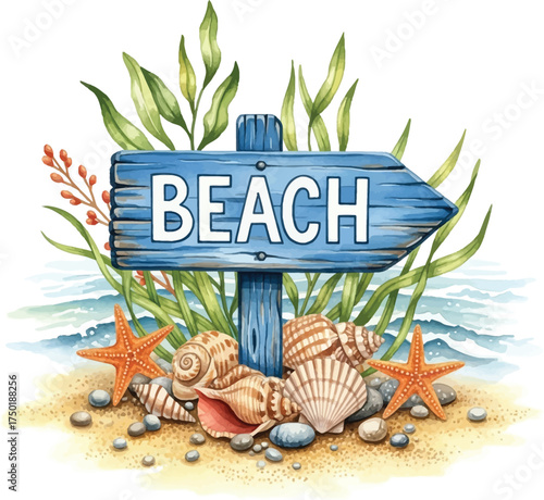 Watercolor Beach Sign Clipart: Coastal Shells and Starfish Graphic