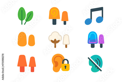 Nature and music neon silhouette icon set. featuring leaves, popsicles, cotton, musical note, lock, sound off