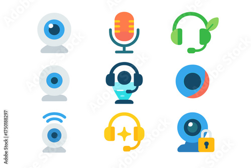Communication flat icon set. featuring microphone, headphones, webcam, headset, and lock symbols