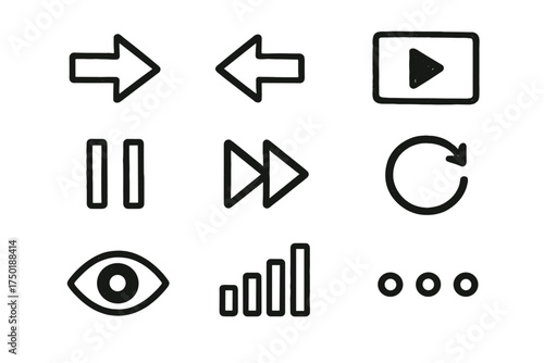 Media control silhouette icon set. featuring play, pause, forward, rewind, volume, and eye symbols