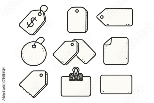 Price tags linear icon set. featuring round, rectangular, folded, clipped, and blank tag designs