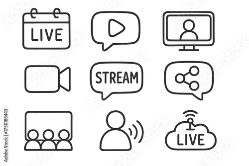 Live streaming linear icon set. featuring live, play, screen, camera, stream, share, audience, speaker, cloud