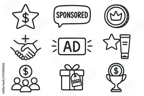 Marketing and sponsorship linear icon set. featuring sponsored content, advertisement, and partnership symbols