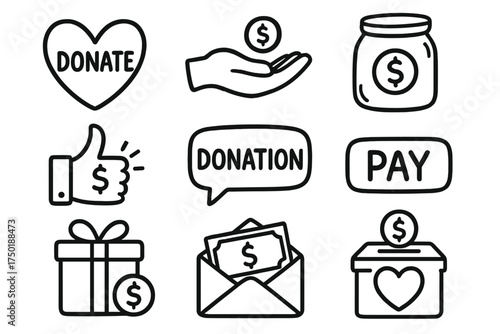Charity and donation linear icon set. featuring heart, hand, jar, thumbs up, speech bubble, gift, envelope, box