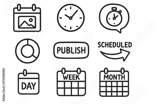 Scheduling tools silhouette icon set. featuring calendar, clock, timer, chart, publish, and scheduled symbols