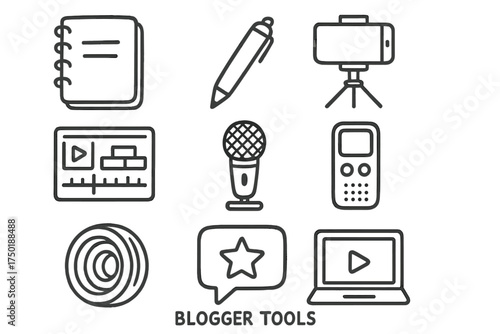 Blogger tools linear icon set. featuring notebook, pen, camera, video editor, microphone, recorder, lens, reviews, laptop symbols