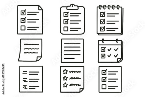Document management linear icon set. featuring checklist, clipboard, notepad, notes, and calendar symbols