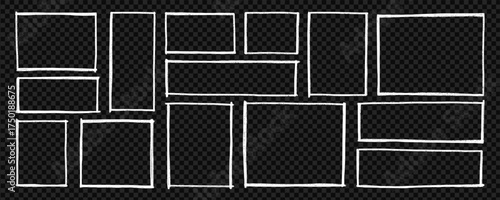 Crayon text boxes and frames doodle set. Rectangle and square shapes, grunge chalk borders in sketch style. Hand drawn vector illustration isolated on black background