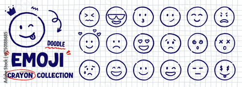 Crayon emoji face doodle set. Chalk blue pen icons with emotions, hand drawn kids smile in sketch style. Vector illustration on white checkered notebook paper background