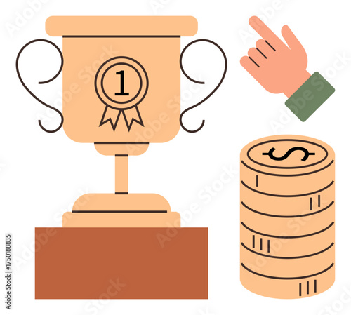 Trophy symbolizing achievement, hand pointing towards stacked coins illustrating financial success. Ideal for business, finance, motivation, goal setting, recognition, leadership, and career growth