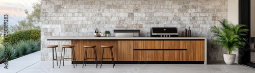 Outdoor Kitchen with Stone Wall and Wood Cabinet, BBQ, Stools ,Outdoor living, Kitchen design