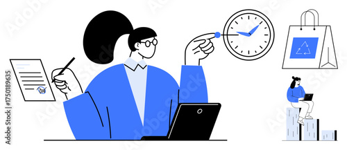 Woman reviewing document, pointing to clock, working on laptop, bag with recycling icon. Ideal for time management, productivity, business planning, sustainability, remote work multitasking simple