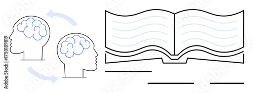 Two connected human heads with brain outlines symbolize idea exchange, next to an open book for study and growth. Ideal for education, knowledge transfer, brainstorming, innovation, training