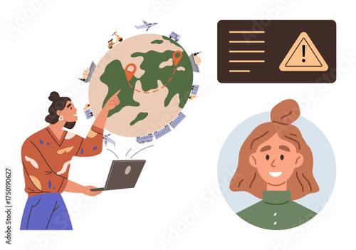 Woman pointing at globe with laptop, emphasizing connection and global reach. Modern user profile and alert icon. Ideal for technology, connectivity, globalization, safety, digital user platform