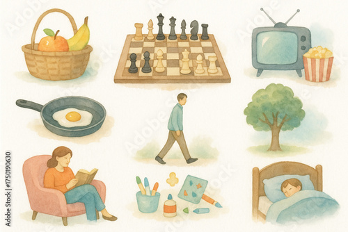 Watercolor illustration set of daily life activities picnic, chess, TV, cooking, reading, art, walking, sleeping   