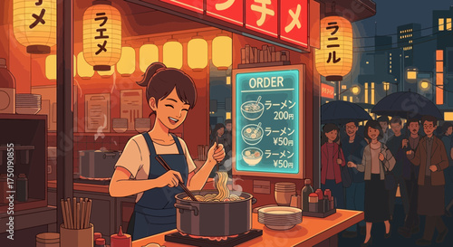 Vibrant ramen stand at night serving customers in a bustling city street scene