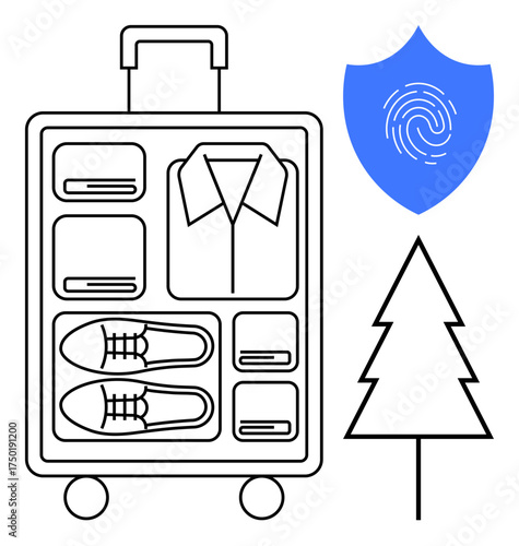 Organized suitcase with folded clothes, shoes, fingerprint shield and tree. Ideal for travel, organization, security, packing, nature trips sustainable tourism and digital technology. A simple flat