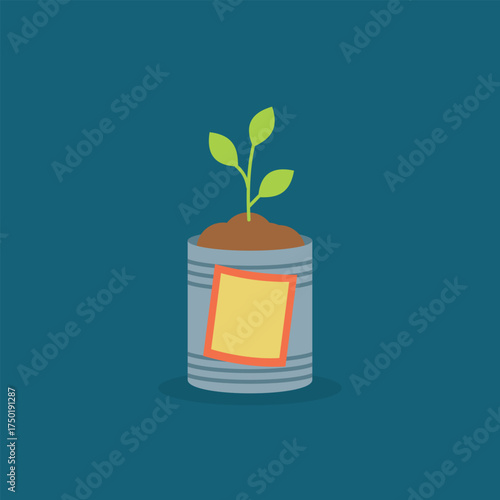 A young plant seedling grows out of a reused metal can against a dark background, illustrating upcycling and environmental conservation