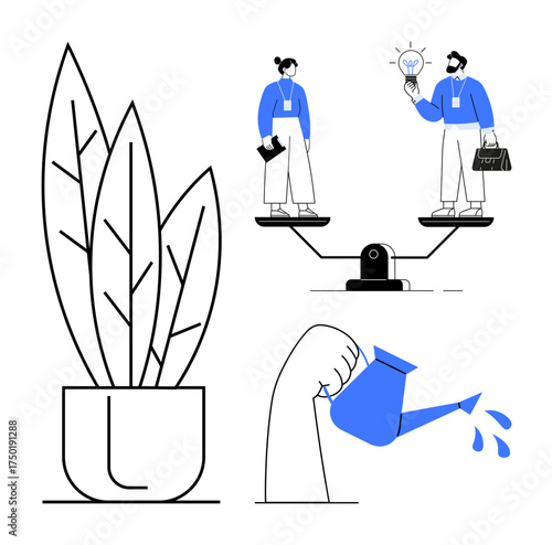 Scales balance man with idea and woman with notebook, plant nurtured by hand and watering can. Ideal for teamwork, collaboration, growth, equality, sustainability, balance, and creativity concepts