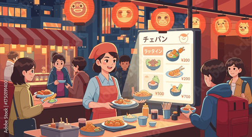 Vibrant anime style depiction of a cheerful Japanese street food stall at night