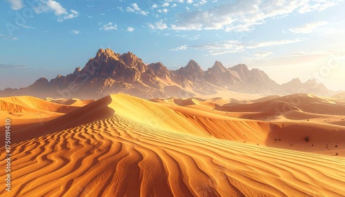 Fototapeta Naklejka Na Ścianę i Meble -  Desert Landscape at Sunrise Golden Sand Dunes and Mountains