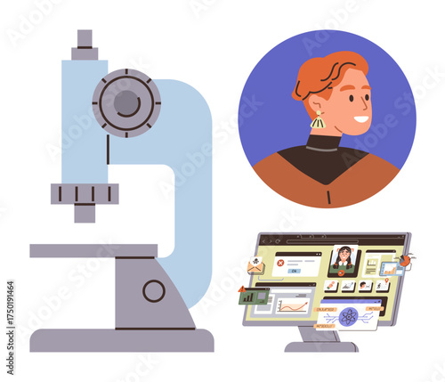 Microscope for research, scientist portrait, and digital screen with analytics and charts. Ideal for science, innovation, technology, education, biotechnology discoveries STEM professions. Simple