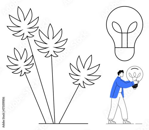 Cannabis plants and light bulbs signifying renewable energy. Person holding a bulb symbolizes green innovation. Ideal for sustainability, renewable energy, eco-friendly ideas, nature, creativity
